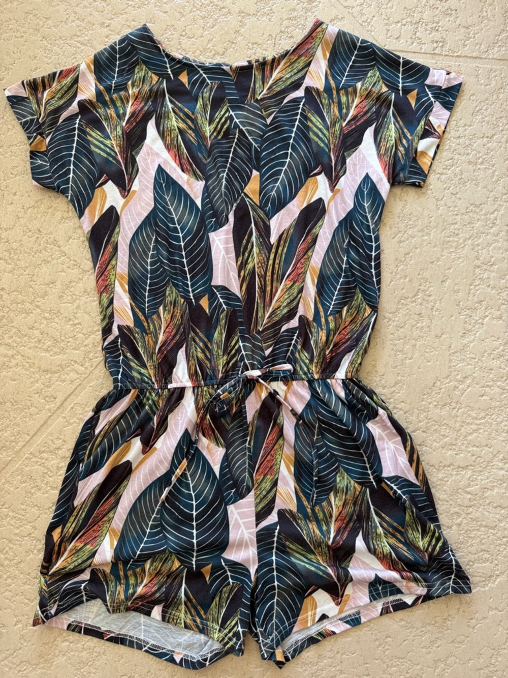 Tropical Leaf-Print Short Jumpsuit in Black and Pink
